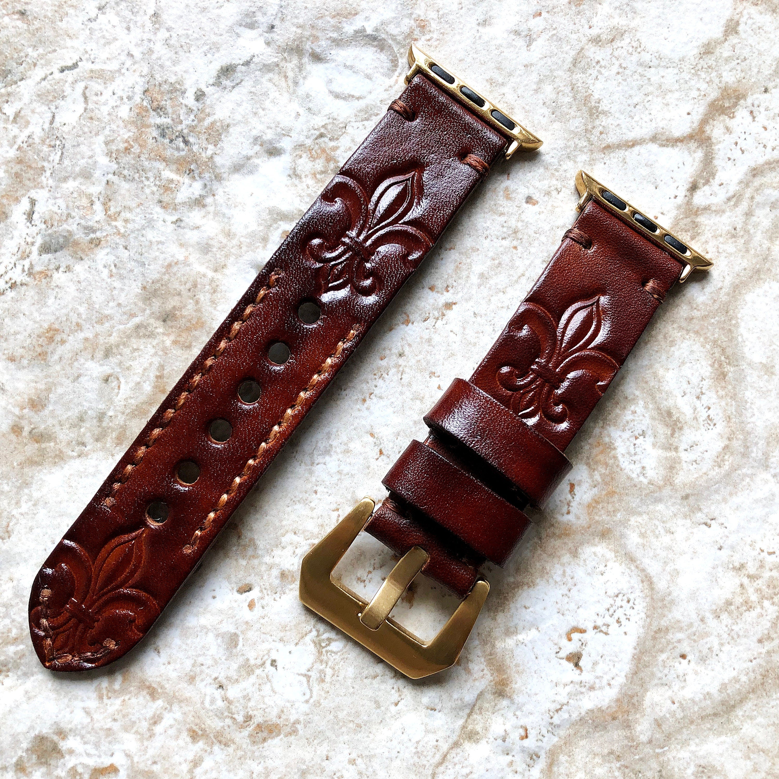 Apple Watch Fleur De Lis Genuine Leather Band for iWatch All Series 38mm 40mm 41mm 42mm 44mm 45mm 49mm Tooled Embossed Strap Bracelet Brown